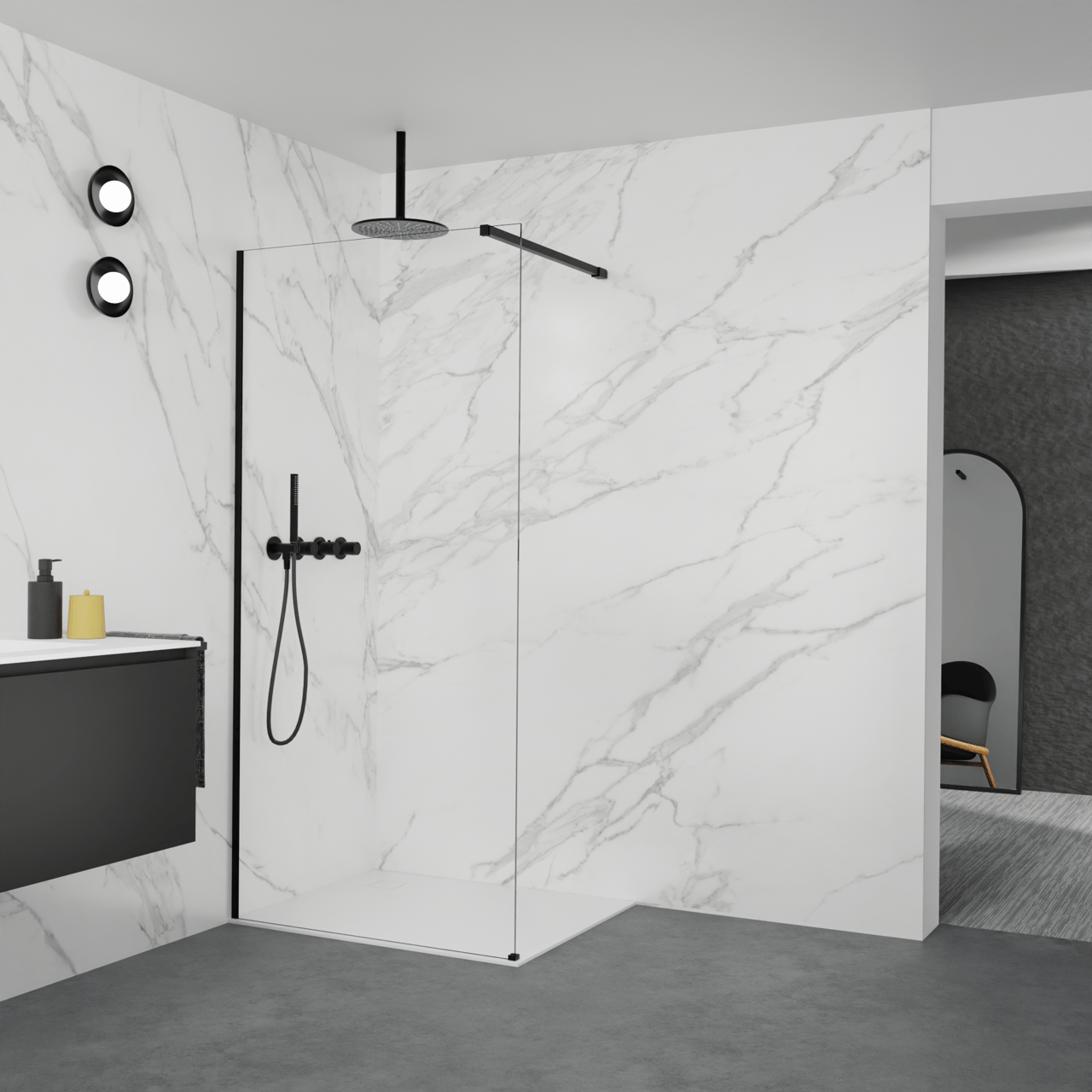 Balmani Modular douche à l'italienne: 100 x 200 cm, Verre transparent, avec coating, Profil Noir mat