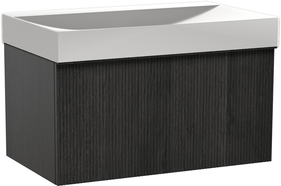 Balmani Forma meuble salle de bains suspendu 90 x 55 cm chêne noir avec Wave plan simple en solid surface blanc mat, Nervure droite symétrique verticale