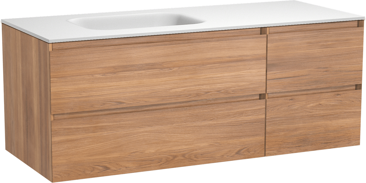 Balmani Mitra hängendes Möbelstück Set: 135 x 55 cm, Teak, mit Tablo Arcato Waschtisch links, Solid Surface Weiß matt