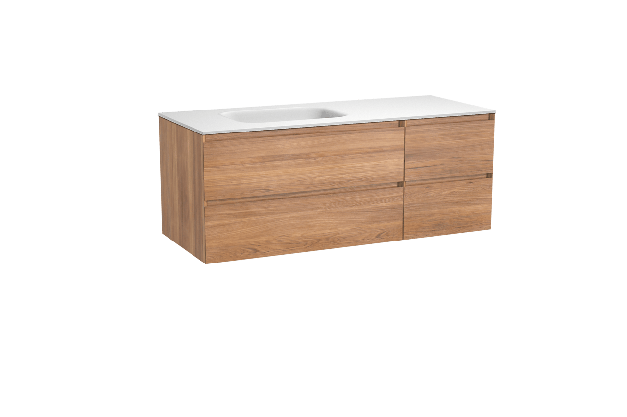 Balmani Mitra meuble salle de bains suspendu 135 x 55 cm teck avec Tablo Arcato vasque asymétrique gauche en solid surface blanc mat