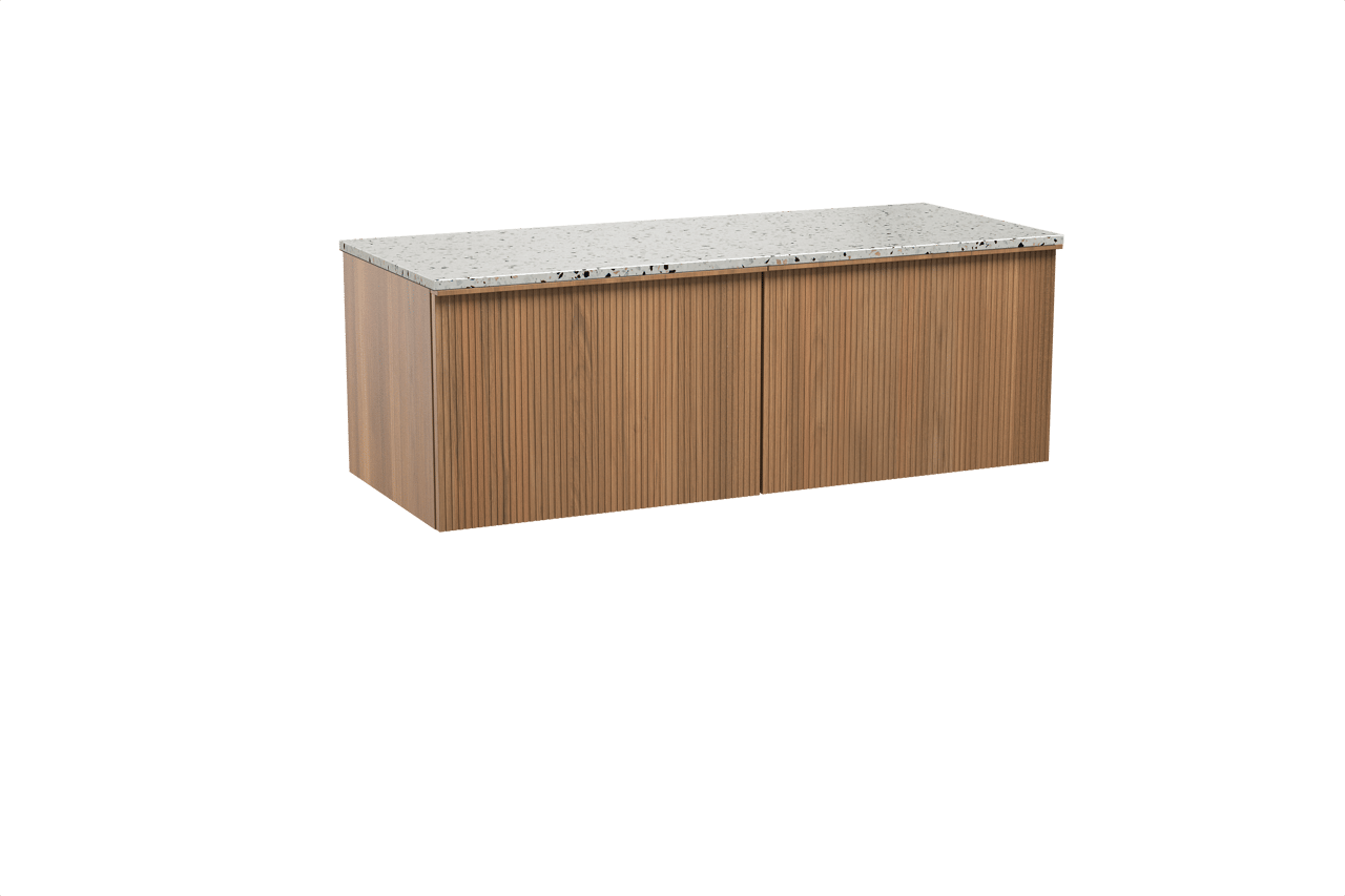 Balmani Forma zwevend badkamermeubel 135 x 55 cm teak met Stretto enkel of dubbel tablet in mat wit/zwart terrazzo, Verticale symmetrische rechte ribbel