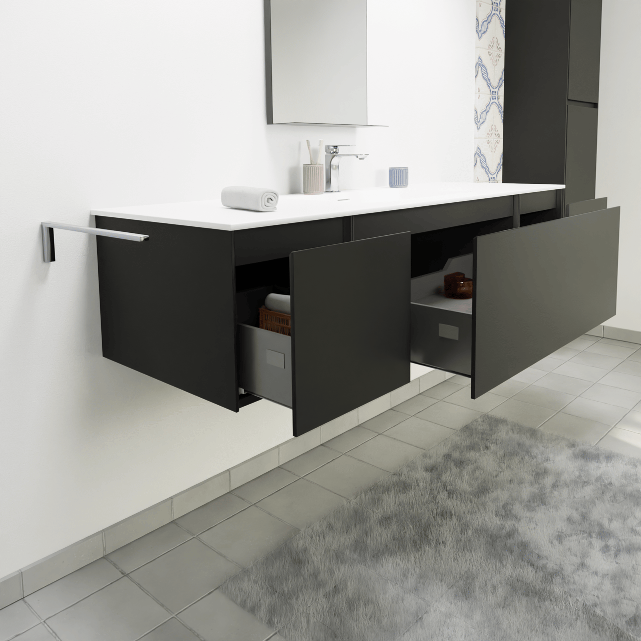Storke Edge meuble salle de bains suspendu 155 x 52 cm noir mat avec Mata plan simple en solid surface blanc mat