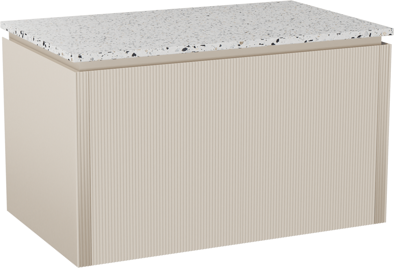 Balmani Eclips zwevend badkamermeubel 90 x 55 cm Sandbeige met Stretto enkel tablet in Bianco Nero Terrazzo, Verticale symmetrische rechte ribbel