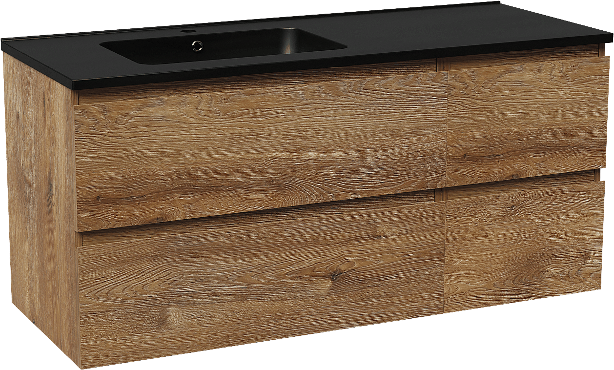 Linie Lado meuble salle de bains suspendu 120 x 46 cm chêne brun avec Vano vasque asymétrique gauche en marbre composite noir mat