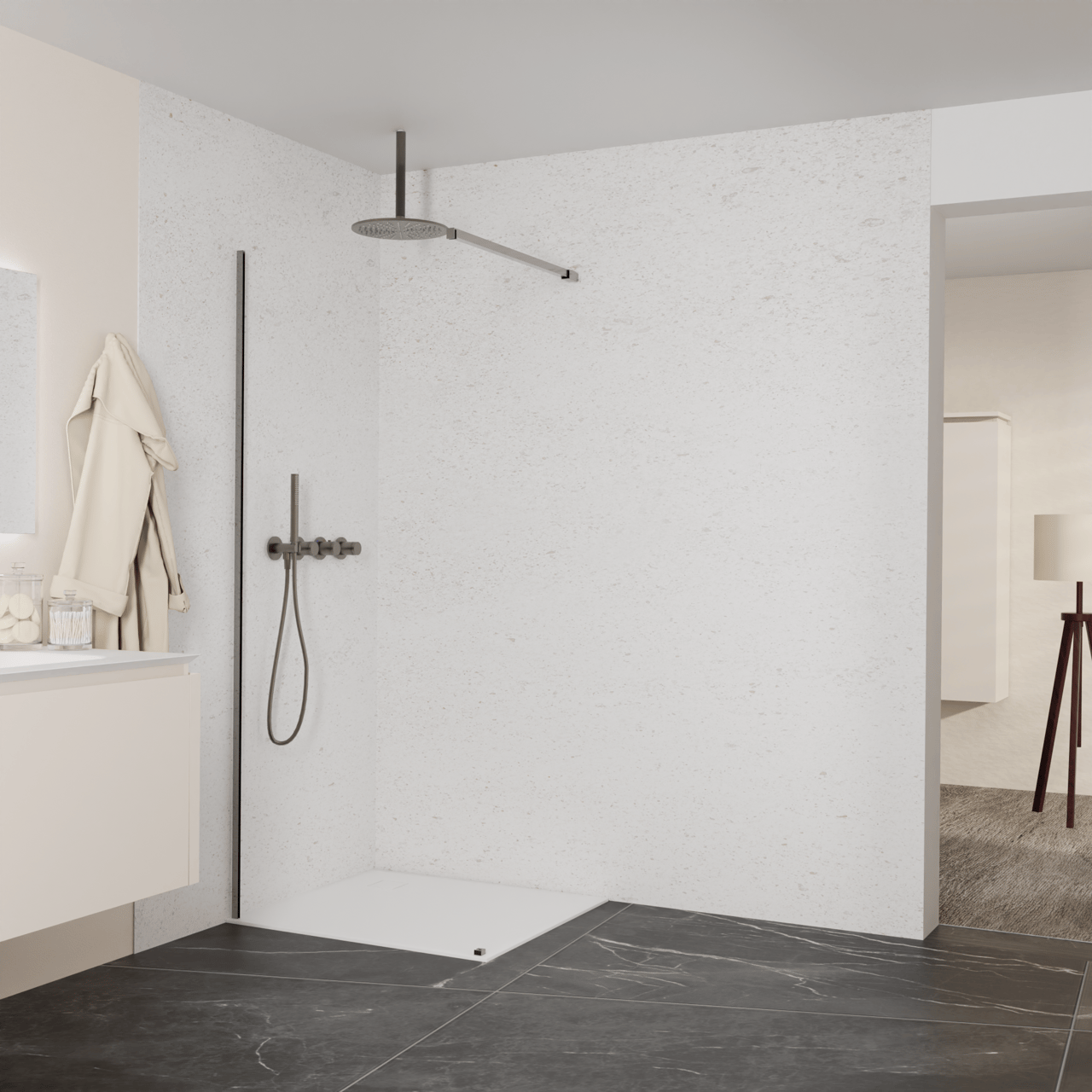 Balmani Modular Walk-In Dusche: 90 x 200 cm, Klarglas, inklusive Coating, Profil Brushed GunMetal