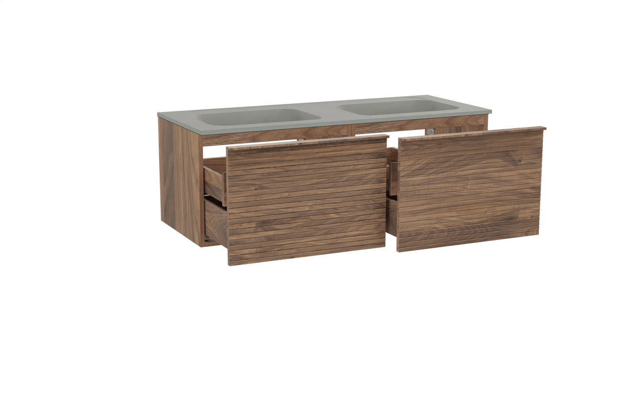 Balmani Forma hängendes Möbelstück Set: 135 x 55 cm, Amerikanischer Nussbaum, mit Tablo Strada Doppelwaschtisch, Marmorkomposit, Seidengrau, Horizontale symmetrische gerade Rippe