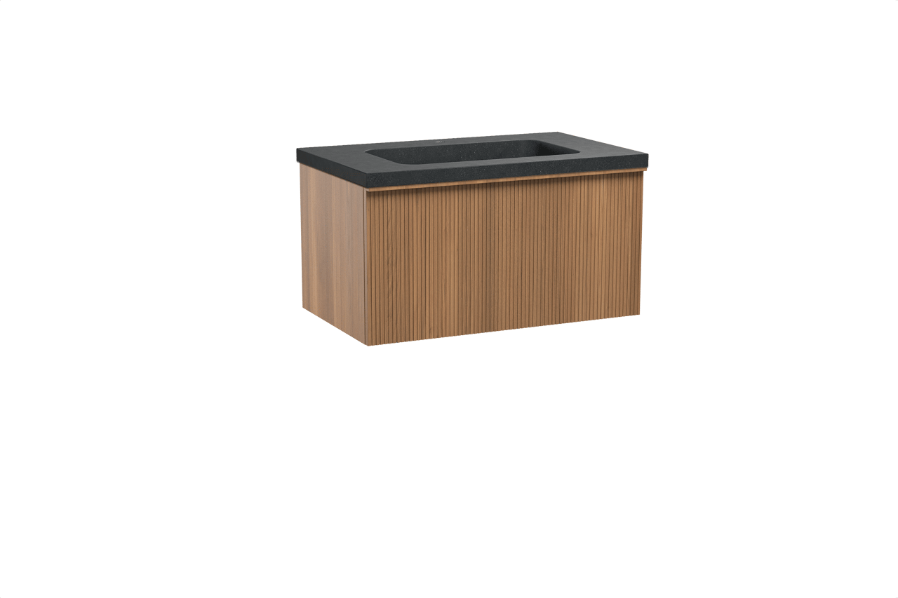 Balmani Forma hängendes Möbelstück Set: 90 x 55 cm, Teak, mit Napoli Einzelwaschtisch, Granit, Schwarzes Granit, Vertikale symmetrische gerade Rippe