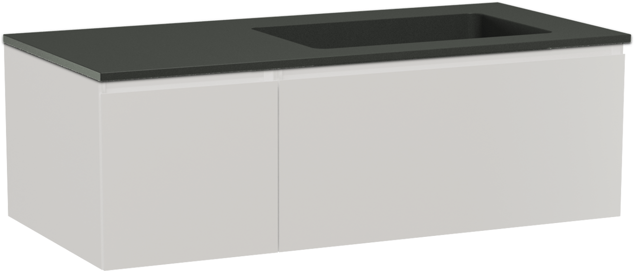 Storke Edge meuble salle de bains suspendu 110 x 52 cm blanc brillant avec Scuro plan vasque asymétrique à droite en quartz noir mat