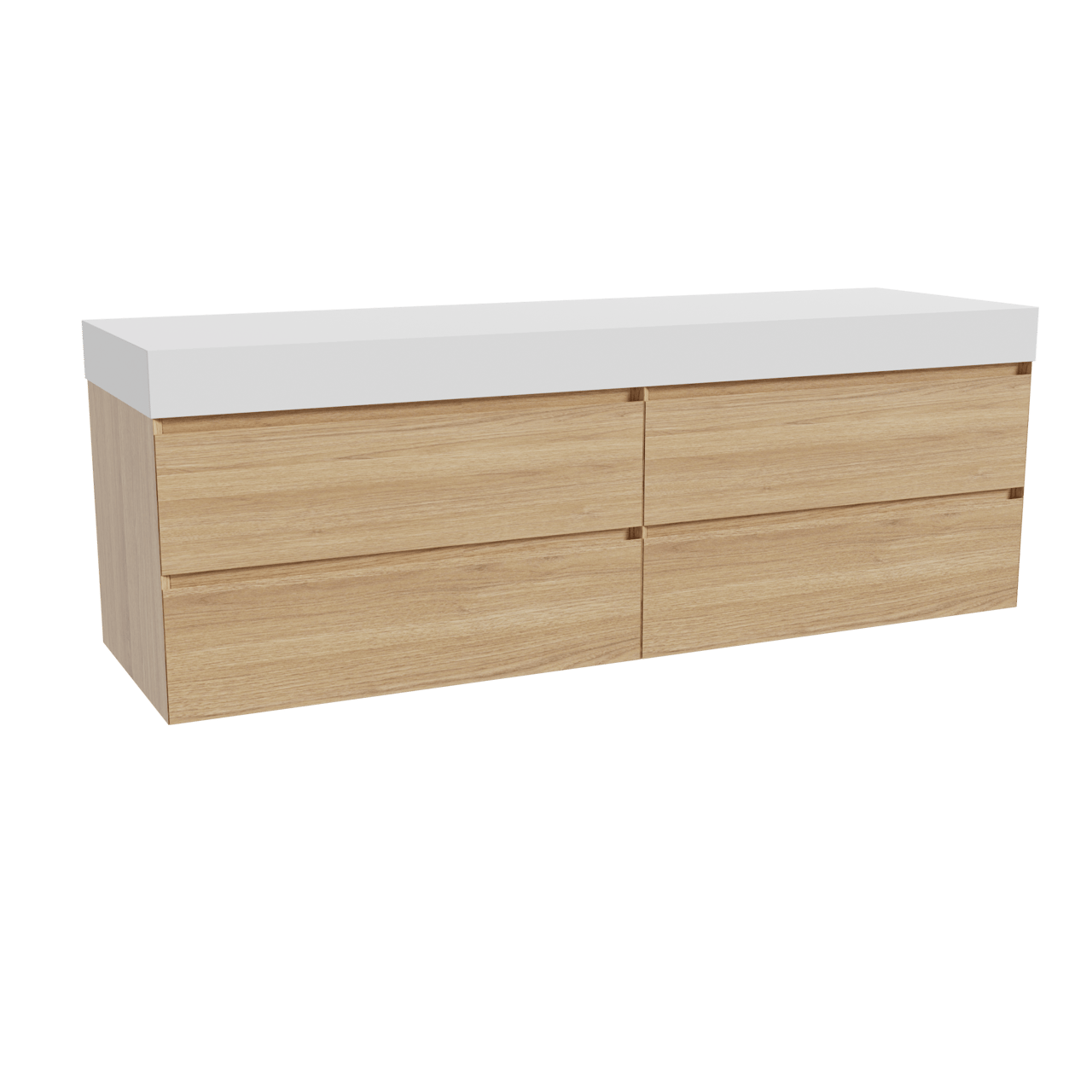 Balmani Mitra hängendes Möbelstück Set: 180 x 55 cm, Naturbelassene Eiche, mit Dominus Einzel- oder Doppel Waschtischplatte, Solid Surface Weiß matt