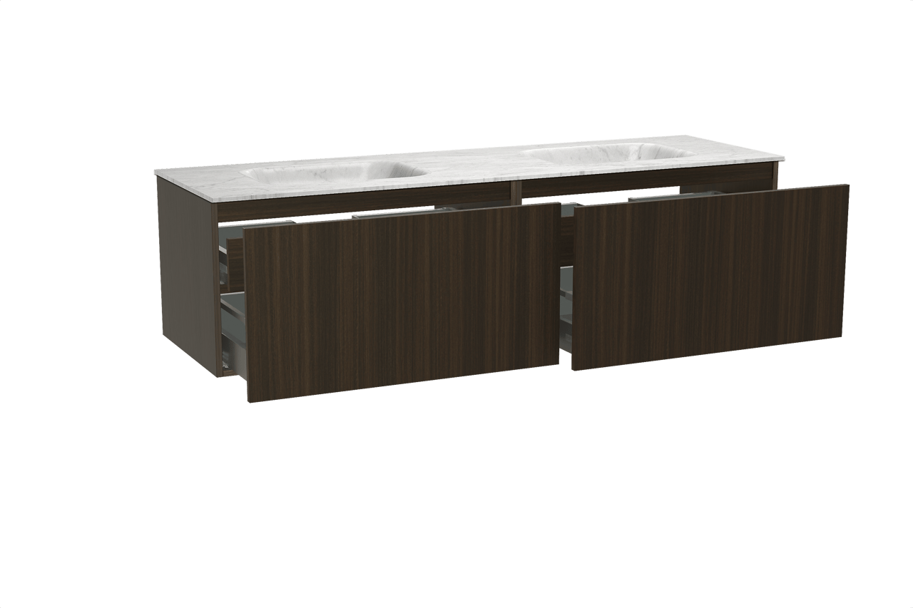 Balmani Sfera zwevend badkamermeubel 180 x 55 cm eucalyptus met Tablo Arcato dubbele wastafel in marmer carrara