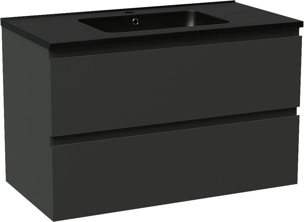 Linie Lado hängendes Möbelstück Set: 90 x 46 cm, Schwarz matt, mit Vano Einzelwaschtisch, Marmorkomposit Schwarz matt