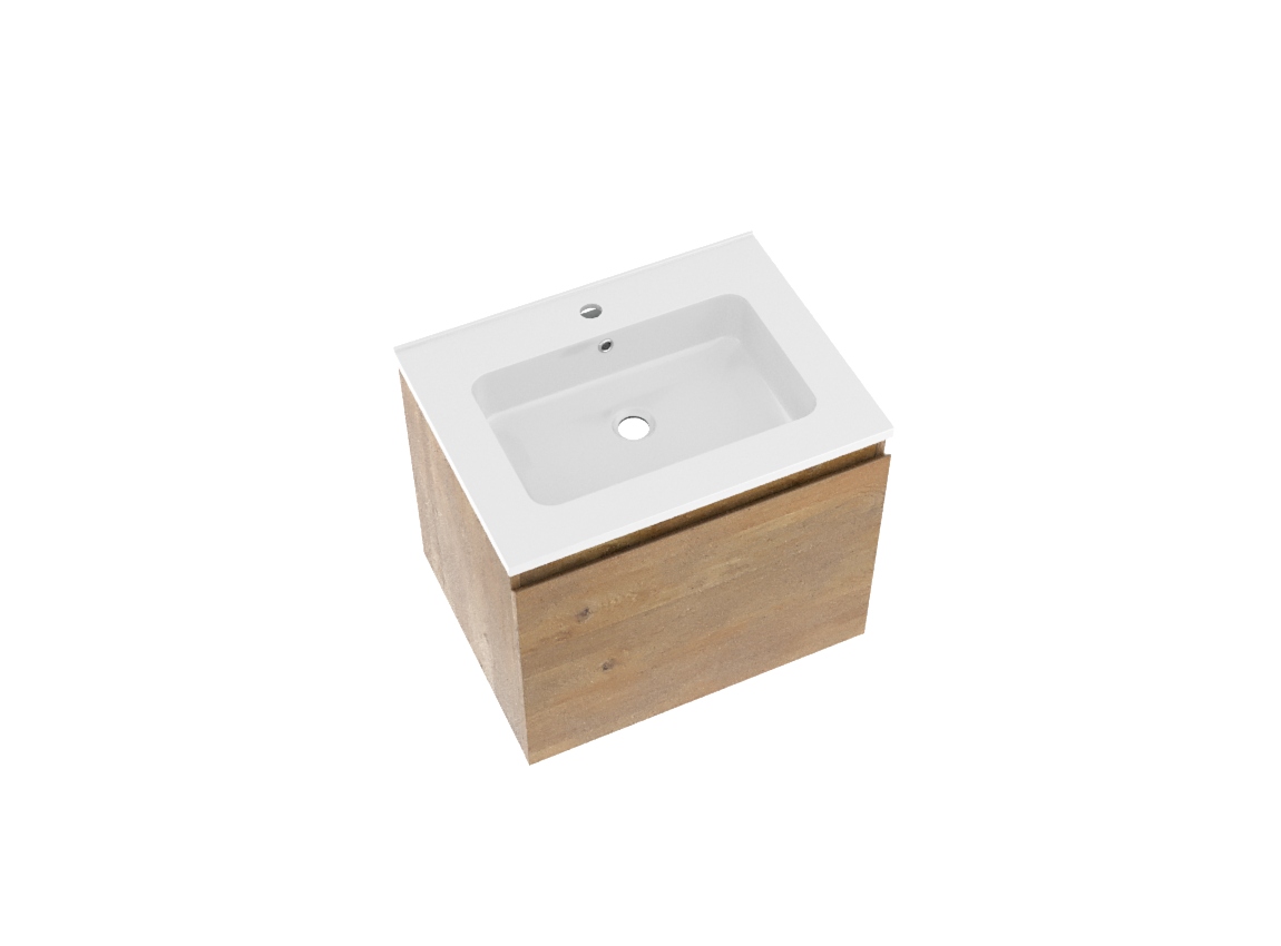 Linie Lado zwevend badmeubel 60 x 46 cm naturel eiken met Vano enkele wastafel in composietmarmer hoogglans wit