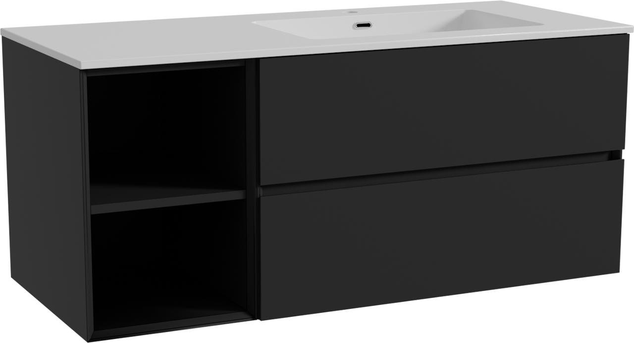 Storke Edge meuble salle de bains suspendu 120 x 52 cm noir mat avec Diva plan vasque asymétrique à droite en marbre composite blanc brillant