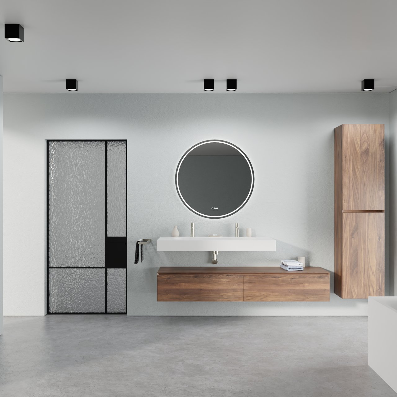 Balmani Mitra Elements hängendes Möbelstück Set: 180 x 55 cm, Amerikanischer Nussbaum mit Arcato Einzelwaschtisch für 2 Armaturenlöcher 120 cm, Solid Surface Weiß matt