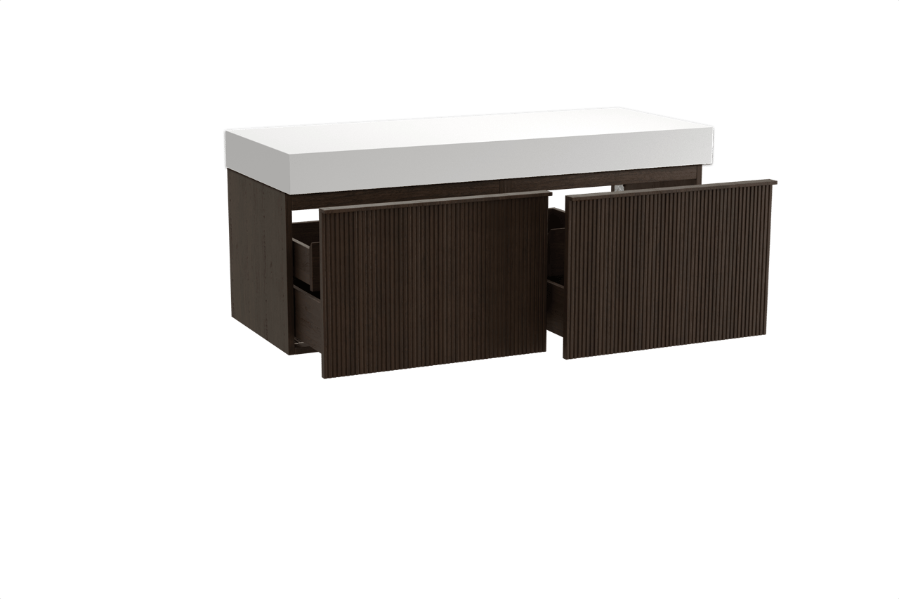 Balmani Forma meuble salle de bains suspendu 135 x 55 cm chêne fumé avec Dominus tablette simple ou double en solid surface blanc mat, Nervure droite symétrique verticale