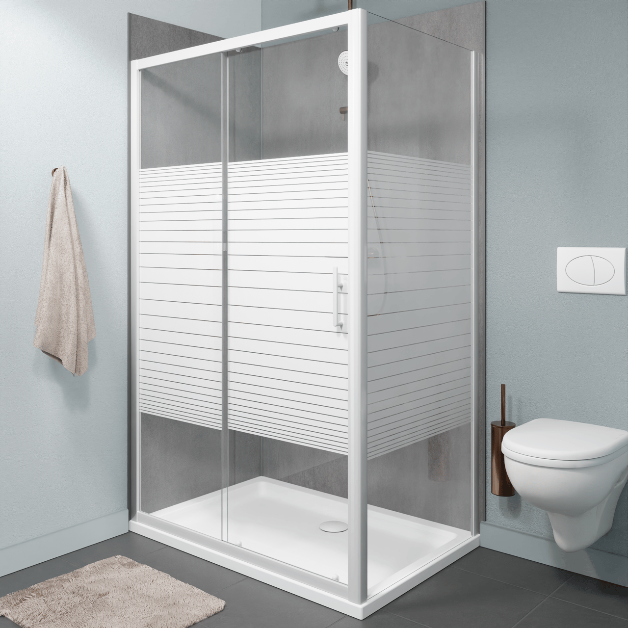 SanyOne Anton Eckdusche Schiebetür mit fixierter Seitenwand, 120 x 80 cm, Streifglas, Profil Weiß