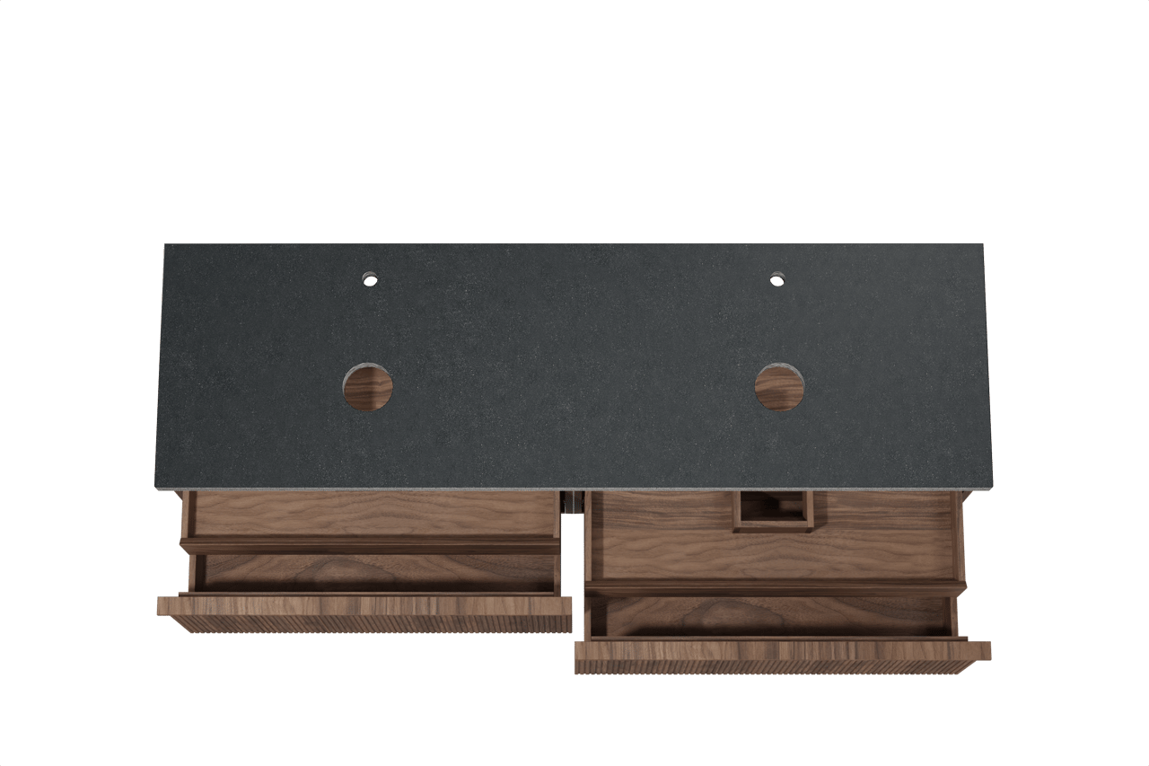 Balmani Forma meuble salle de bains suspendu 180 x 55 cm noyer américain avec Rock tablette double en granit noir, Nervure gauche symétrique verticale