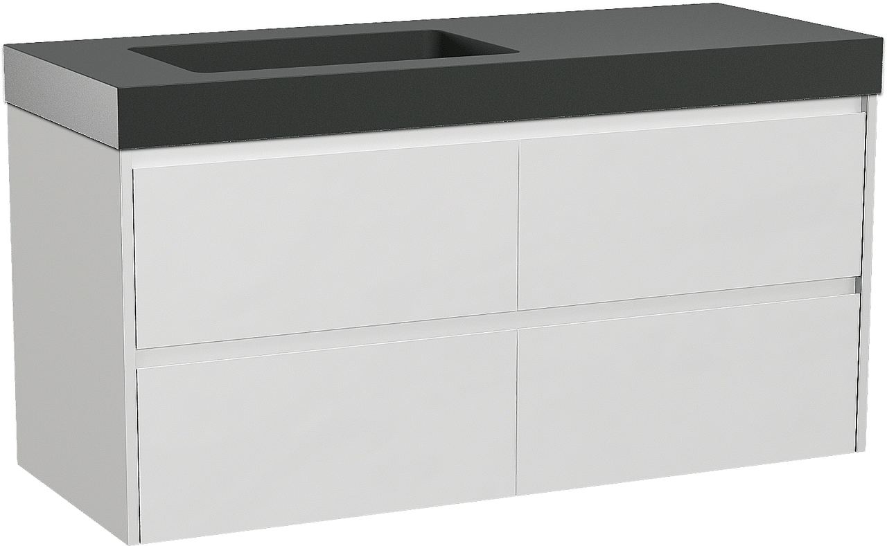 Storke Seda zwevend badmeubel 130 x 52 cm mat wit met Scuro High asymmetrisch linkse wastafel in kwarts mat zwart