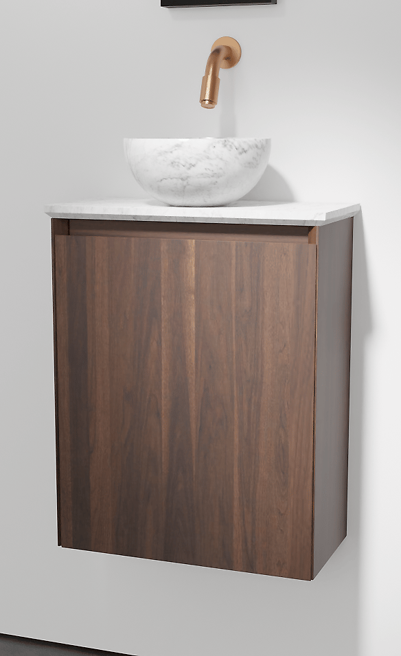 Balmani Mitra meuble wc suspendu 42 x 21 cm noyer américain avec Facetta tablette et Bari XS vaque à poser en marbre Carrara