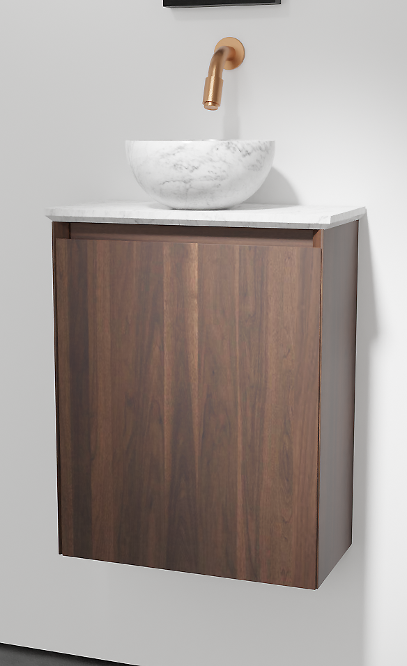 Balmani Mitra hängendes WC-Möbel-Set, 42 x 21 cm, amerikanischer Nussbaum, mit Facetta Waschtischplatte und Bari XS Aufsatzbecken in Carrara-Marmor