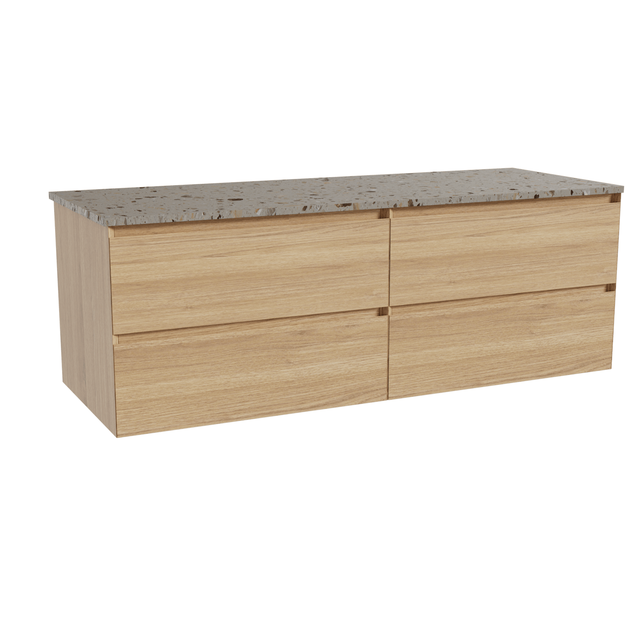 Balmani Mitra zwevend badkamermeubel 150 x 55 cm natuur eik met Stretto enkel of dubbel tablet in terrazzo greige terrazzo