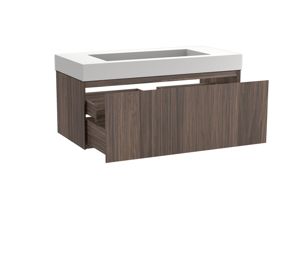 Balmani Fila hängendes Möbelstück Set: 120 x 55 cm, Nussbaum, mit Modus Einzelwaschtisch für 2 Armaturenlöcher, Solid Surface, Weiß matt, Vertikale symmetrische gerade Rippe