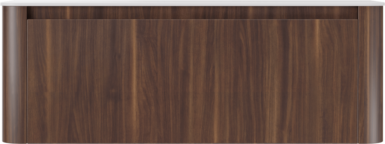 Storke Soft zwevend badkamermeubel 140 x 46 cm notelaar met Tavola Soft enkele of dubbele tablet in solid surface mat wit