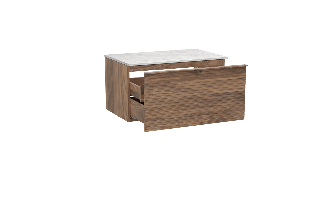 Balmani Forma zwevend badkamermeubel 90 x 55 cm amerikaanse notelaar met Stretto enkel tablet in marmer carrara, Horizontale symmetrische rechte ribbel