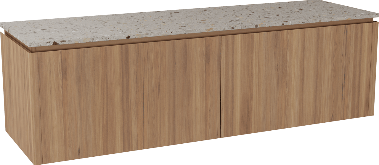 Balmani Eclips zwevend badkamermeubel 180 x 55 cm Teak met Stretto enkel of dubbel tablet in Greige terrazzo