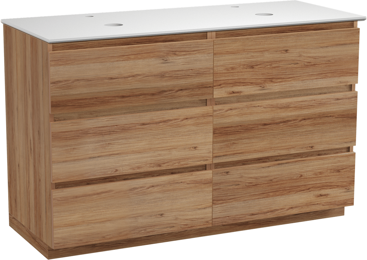 Balmani Lucida meuble salle de bains à poser 135 x 55 cm teck avec Facetta tablette double en solid surface blanc mat
