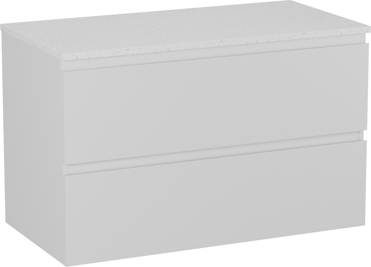 Linie Lado meuble salle de bains suspendu 90 x 46 cm blanc mat avec Lado tablette simple en mélaminé terrazzo blanc