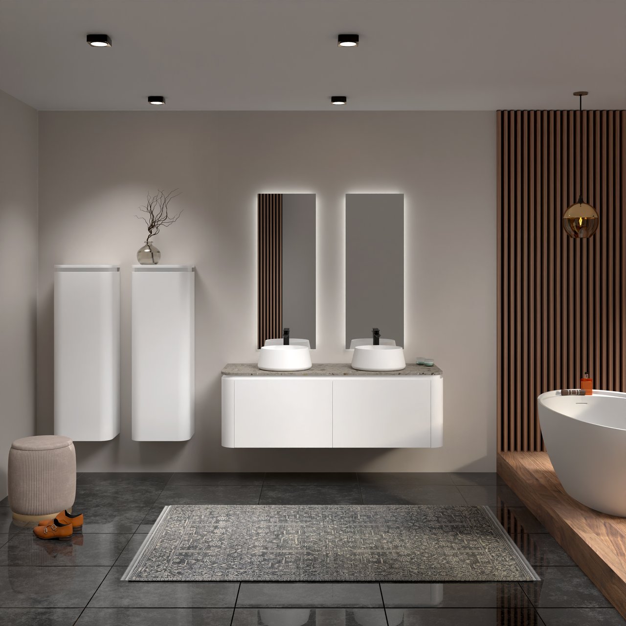 Balmani Moon hängendes Möbelstück Set: 160 x 55 cm, Weiß matt, mit Moon Einzel- oder Doppel Waschtischplatte, Terrazzo in Greige