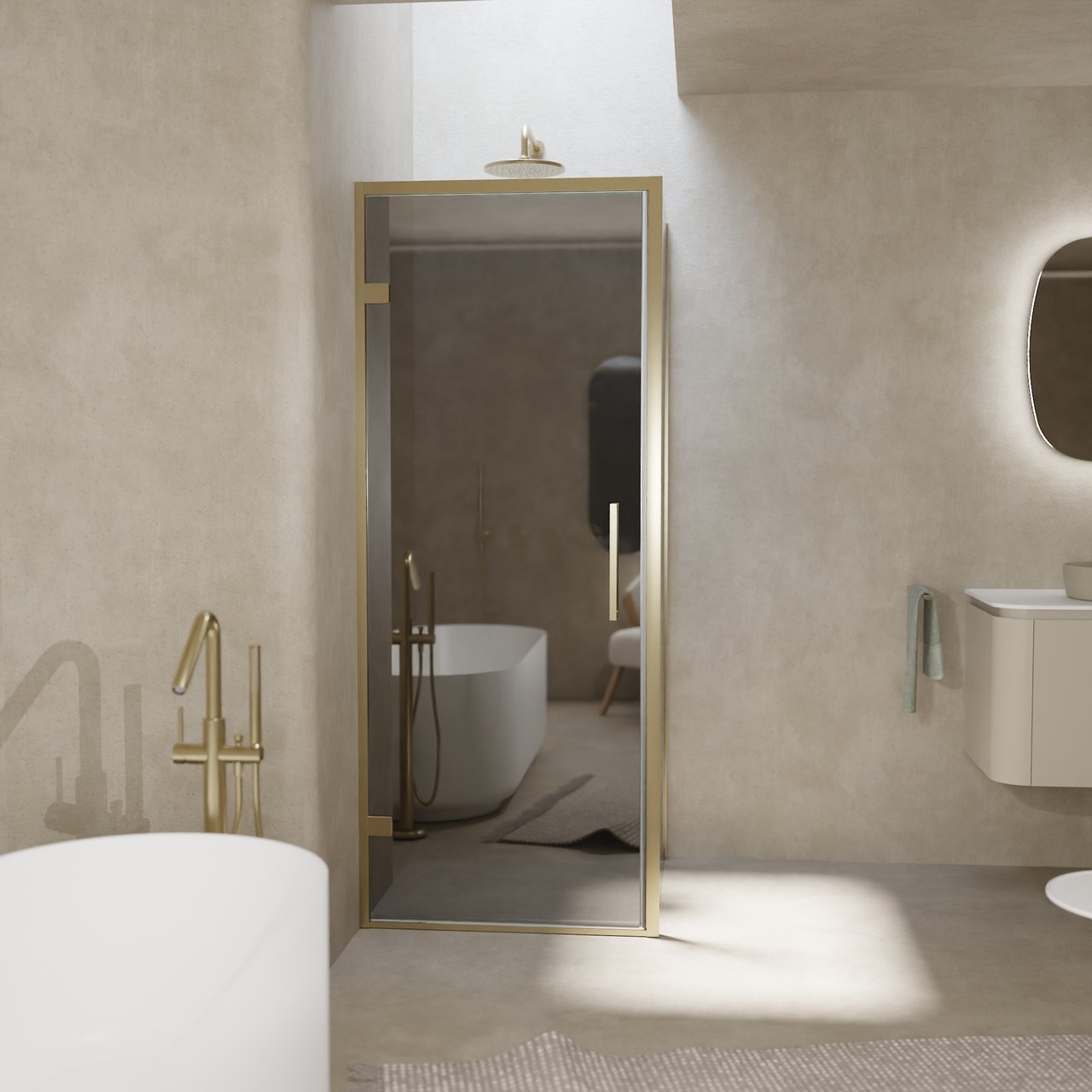 Balmani Senses Design Eckdusche: Drehtür (Links) mit fixierte Seitenwand, 90 x 90 cm, Reflex-Spiegelglas, Profil Brushed Champagner Gold