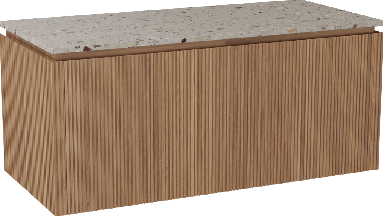 Balmani Eclips hängendes Möbelstück Set: 120 x 55 cm, Teak, mit Stretto Einzel- oder Doppel Waschtischplatte Greige Terrazzo, Vertikale symmetrische gerade Rippe