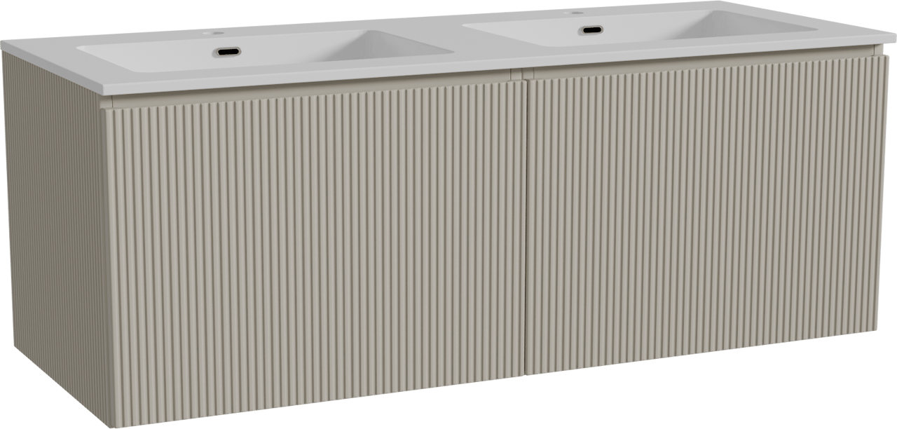 Storke Ribs meuble salle de bains suspendu 130 x 52 cm soie grise avec Diva double vasque en marbre composite blanc brillant, Nervure droite symétrique verticale
