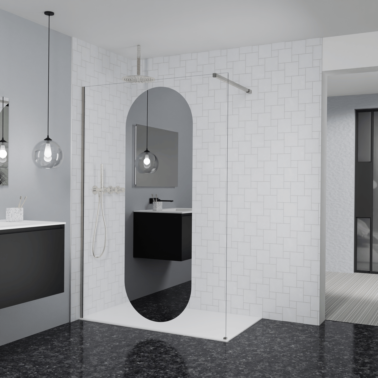 Balmani Modular Walk-In Dusche: 140 x 200 cm, Reflex-Spiegelglas Oval, Profil Brushed CoolMetal