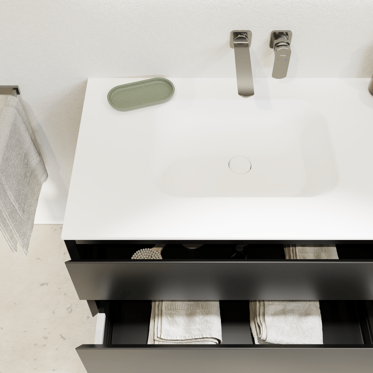 Balmani Mitra hängendes Möbelstück Set: 135 x 55 cm, Schwarz matt, mit Tablo Arcato Waschtisch links, Solid Surface Weiß matt