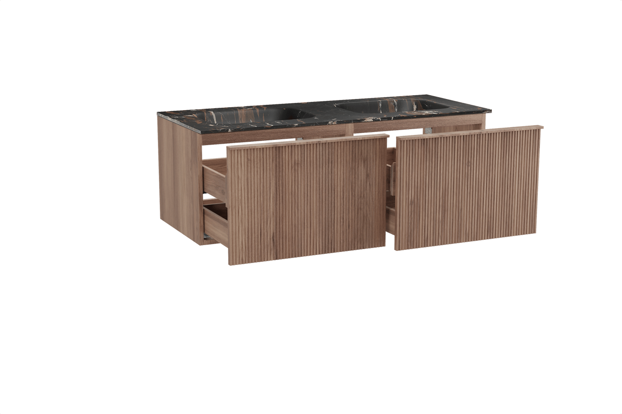 Balmani Forma zwevend badkamermeubel 135 x 55 cm teak met Tablo Arcato dubbele wastafel in marmer portoro gold, Verticale symmetrische rechte ribbel