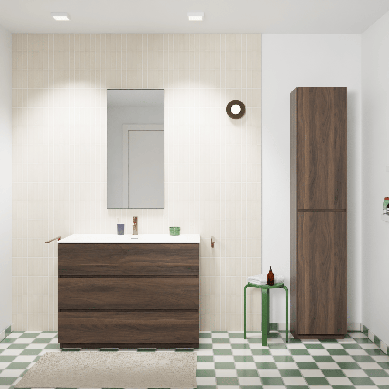 Storke Edge staand badmeubel 105 x 52 cm notenhout met Mata enkele wastafel voor 2 kraangaten in solid surface mat wit