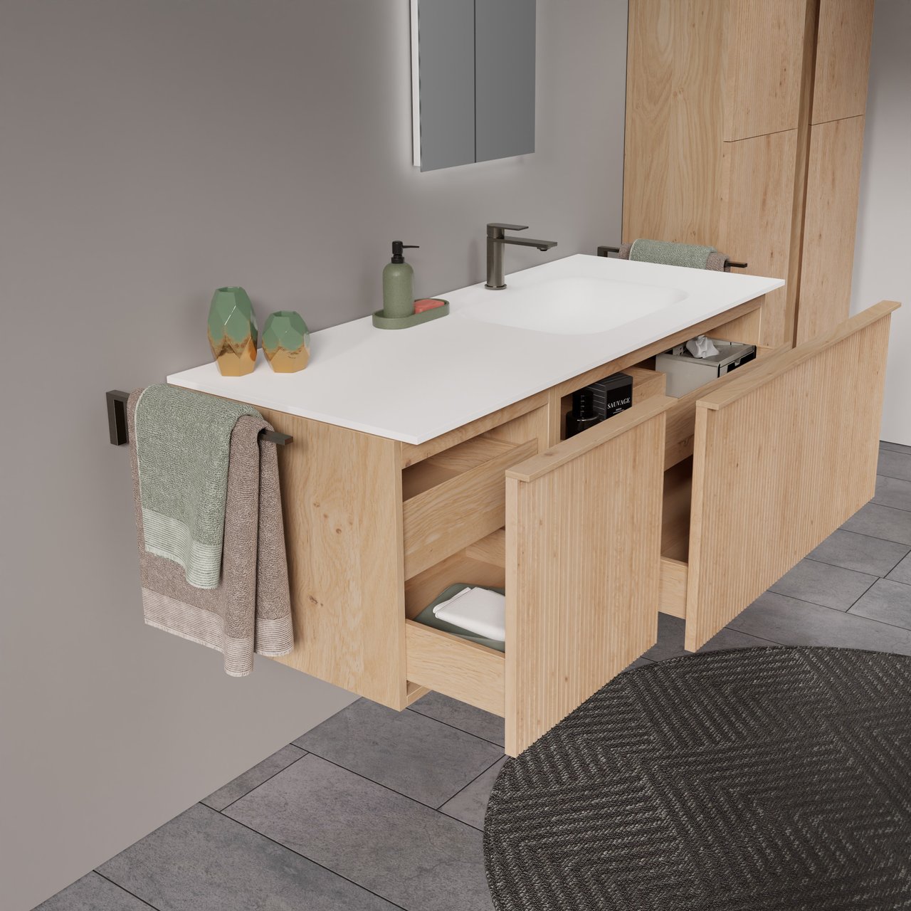 Balmani Forma zwevend badkamermeubel 135 x 55 cm natuur eik met Tablo Arcato asymmetrisch rechtse wastafel in solid surface mat wit, Verticale symmetrische rechte ribbel