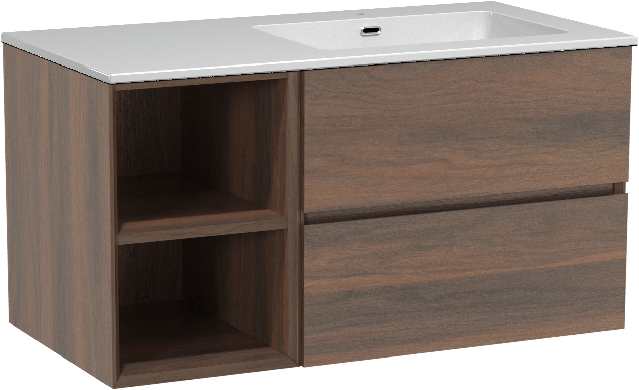 Storke Edge meuble salle de bains suspendu 100 x 52 cm noyer avec Diva vasque asymétrique droite en marbre composite blanc brillant