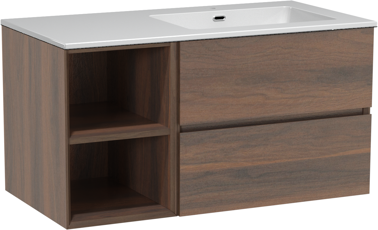 Storke Edge meuble salle de bains suspendu 100 x 52 cm noyer avec Diva plan vasque asymétrique à droite en marbre composite blanc brillant