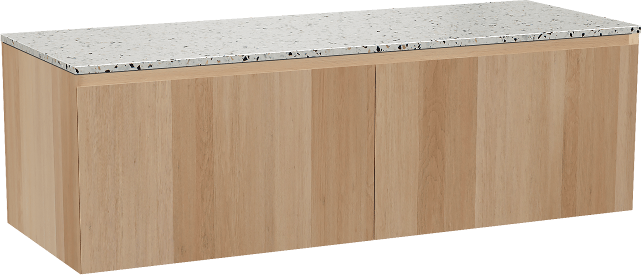 Balmani Idra hängendes Möbelstück Set: 150 x 55 cm, Naturbelassene Eiche, mit Stretto Einzel- oder Doppel Waschtischplatte, Terrazzo in Weiß/Schwarz matt