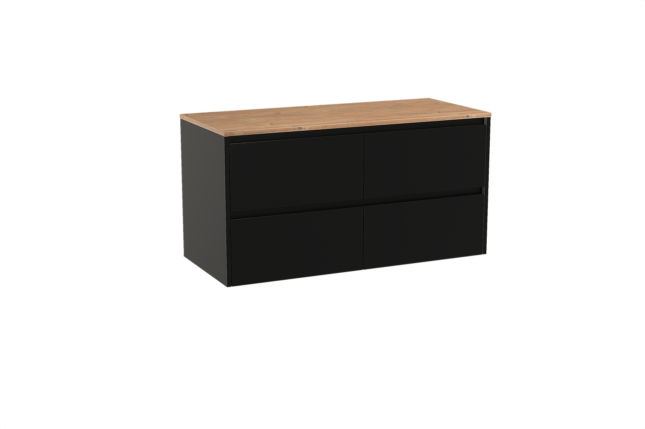 Storke Seda hängendes Möbelstück Set: 120 x 52 cm, Schwarz matt, mit Panton Einzel- oder Doppel Waschtischplatte, Melamin Rohe Eiche