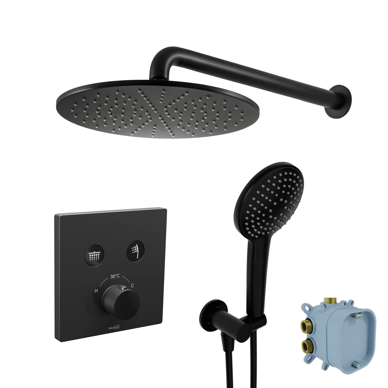 Blaufoss Smartbox Switch-line thermostatische kraan Inbouw regendoucheset met regendouchekop Ø30cm Mat Zwart