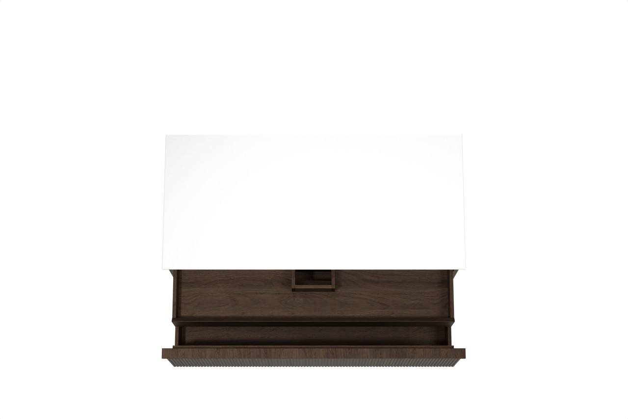 Balmani Forma hängendes Möbelstück Set: 120 x 55 cm, Geräucherte Eiche, mit Stretto Einzel- oder Doppel Waschtischplatte, Solid Surface, Weiß matt, Vertikale symmetrische gerade Rippe