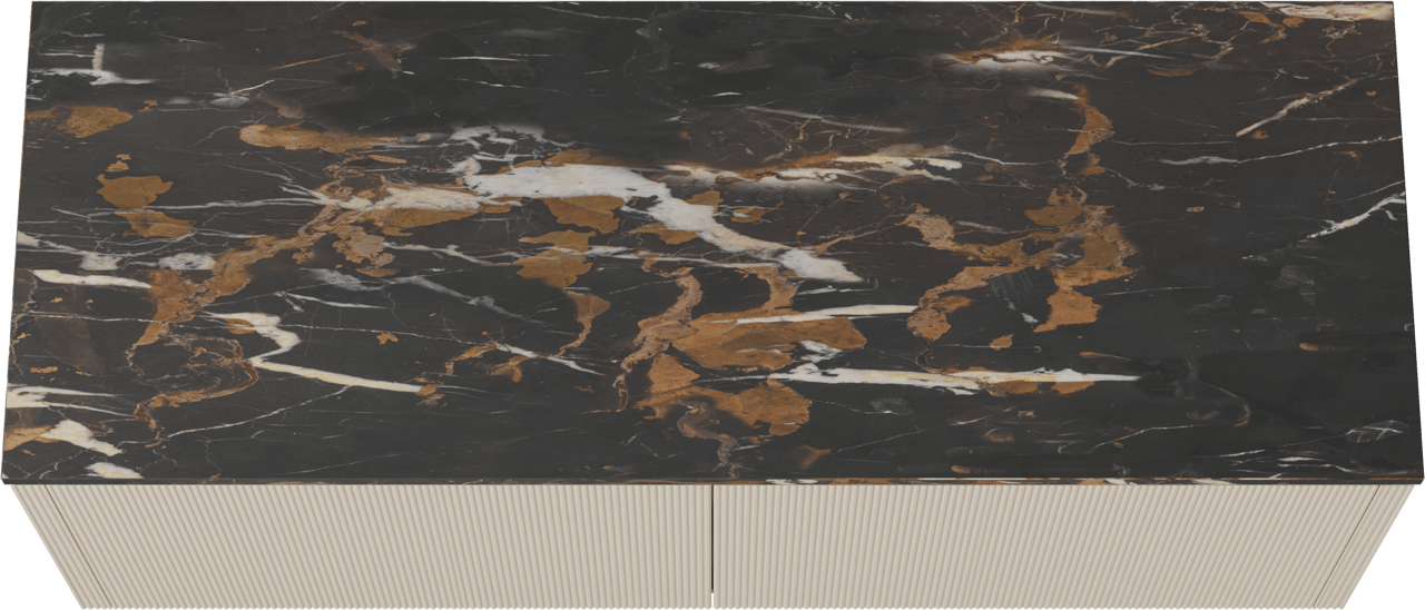 Balmani Eclips zwevend badkamermeubel 150 x 55 cm Sandbeige met Stretto enkel of dubbel tablet in Portoro Gold marmer, Verticale symmetrische rechte ribbel