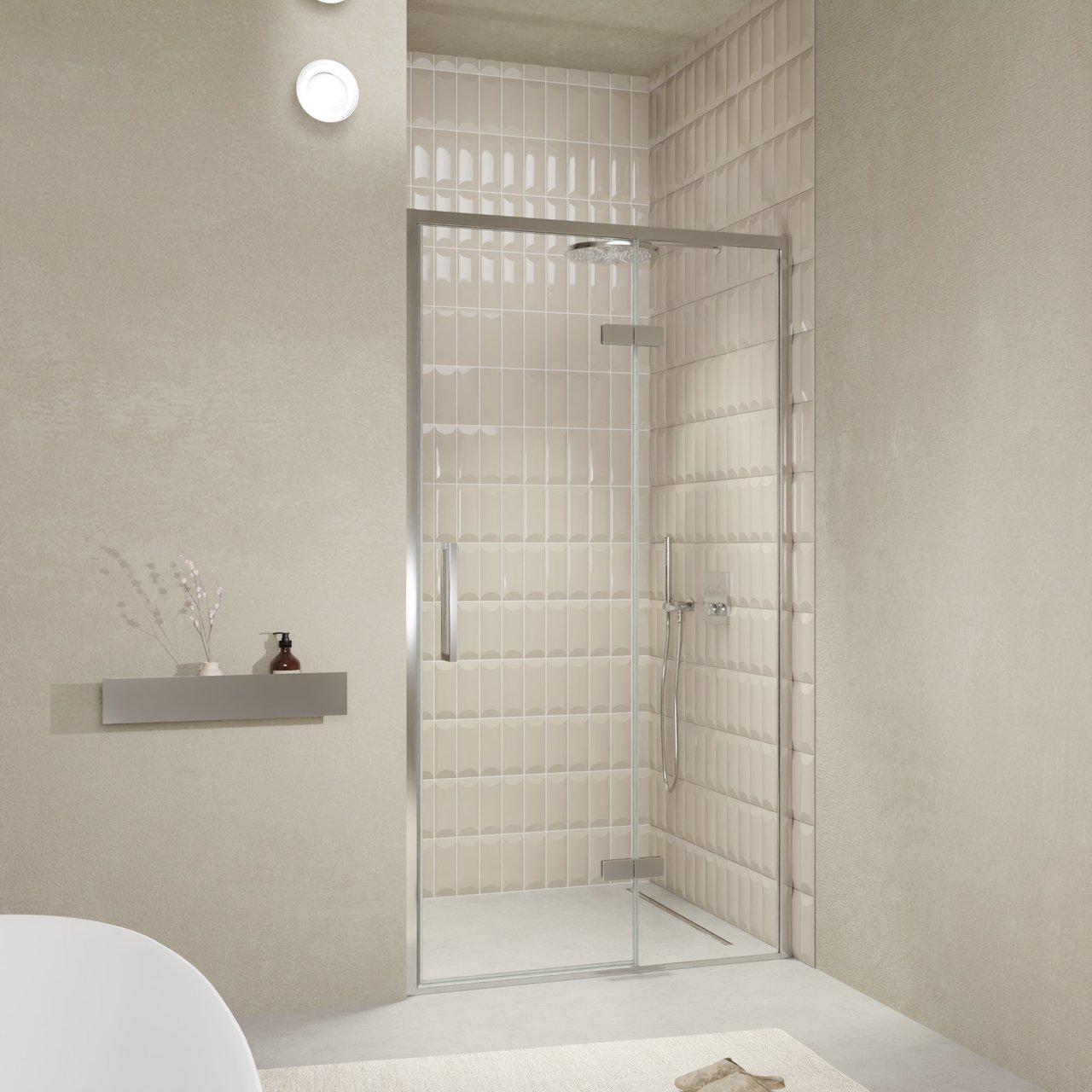 Balmani Senses Design porte pivotante à droite 120 cm x 210 cm verre transparent, Profil chrome