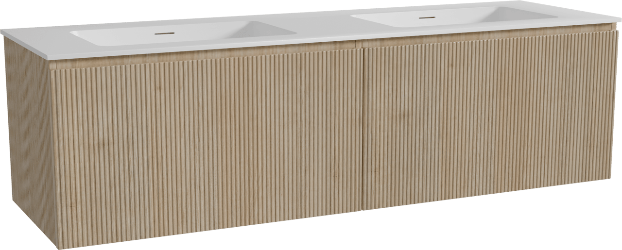 Storke Ribs zwevend badmeubel 170 x 52 cm ruw eiken met Mata dubbele wastafel in solid surface mat wit, Verticale symmetrische rechte ribbel