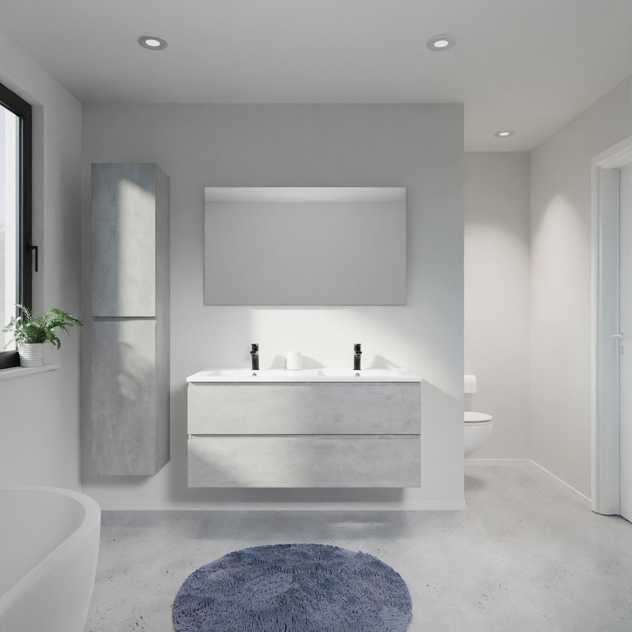 Linie Lado hängendes Möbelstück Set: 120 x 46 cm, Beton dunkelgrau, mit Vano Doppelwaschtisch, Marmorkomposit Weiß glänzend